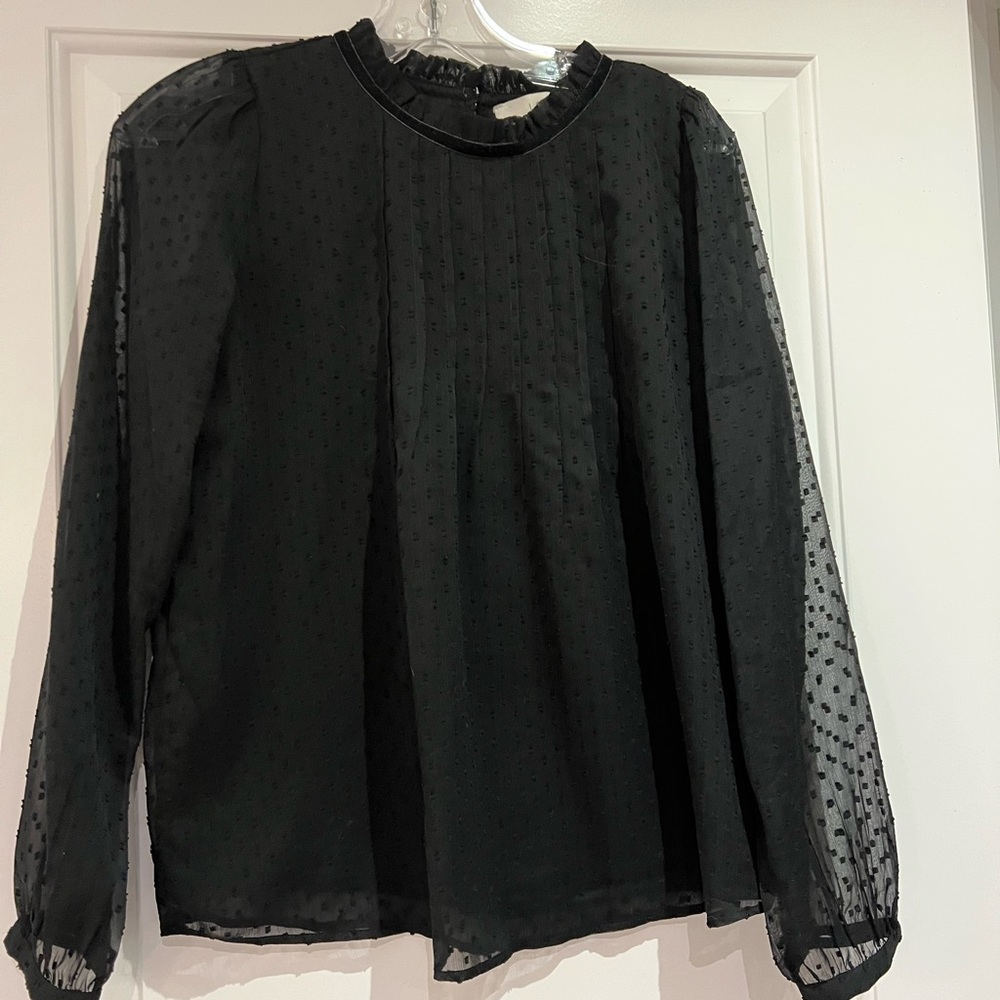 Loft, black Swiss dot, sheer sleeves, velvet trim top, size XS